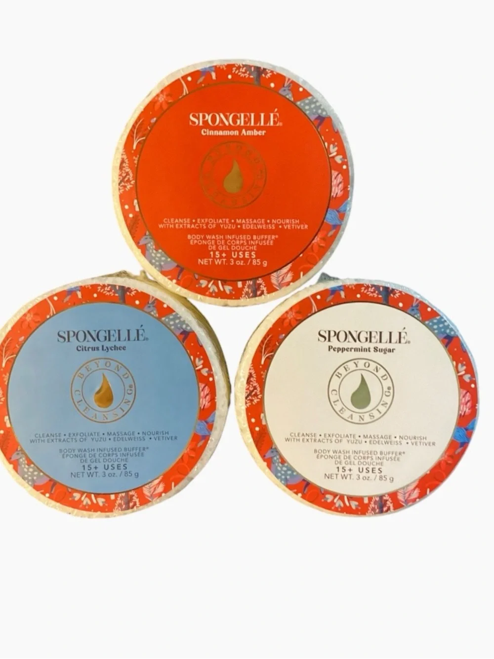 Spongellé Citrus Lychee,Peppermint Sugar, & Cinnamon Amber Bath Buffers Trio Set